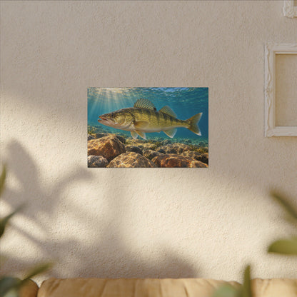 Golden Rock Reef Walleye canvas hanging in a living room