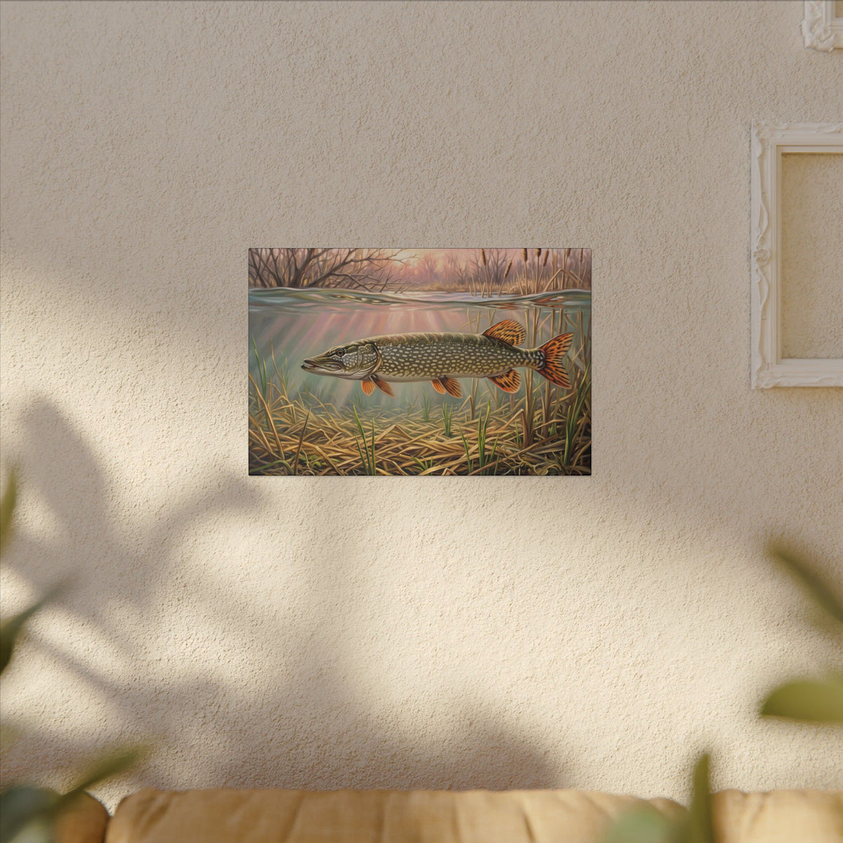 Flooded Marsh Northern Pike canvas hanging in a living room