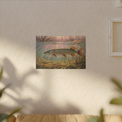 Flooded Marsh Northern Pike canvas hanging in a living room