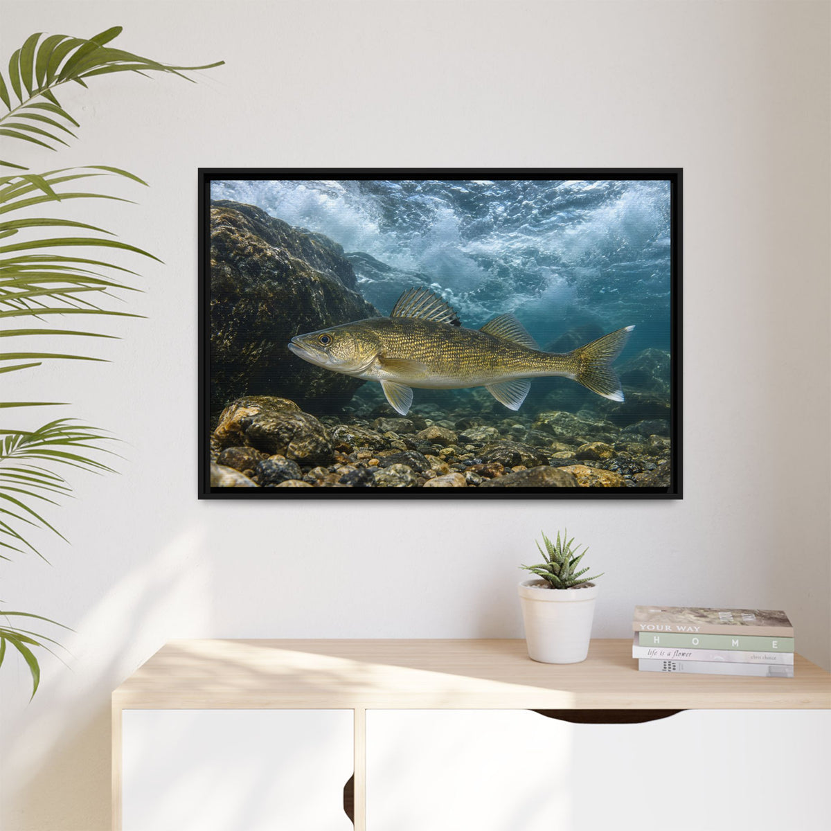 Tailwater Below the Dam Walleye framed canvas hanging in a living room