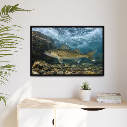 Tailwater Below the Dam Walleye framed canvas hanging in a living room