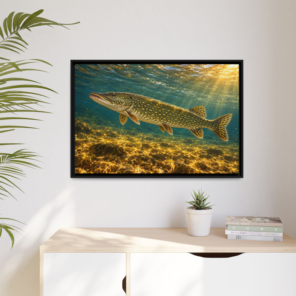 Golden Current Northern Pike framed canvas hanging in a living room