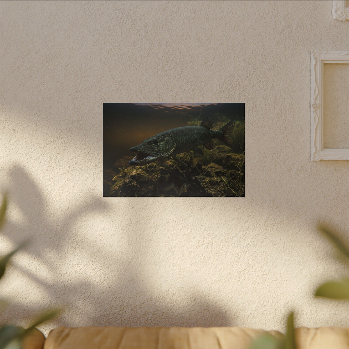 Mouth Open Dusk Sky Muskie canvas hanging in a living room