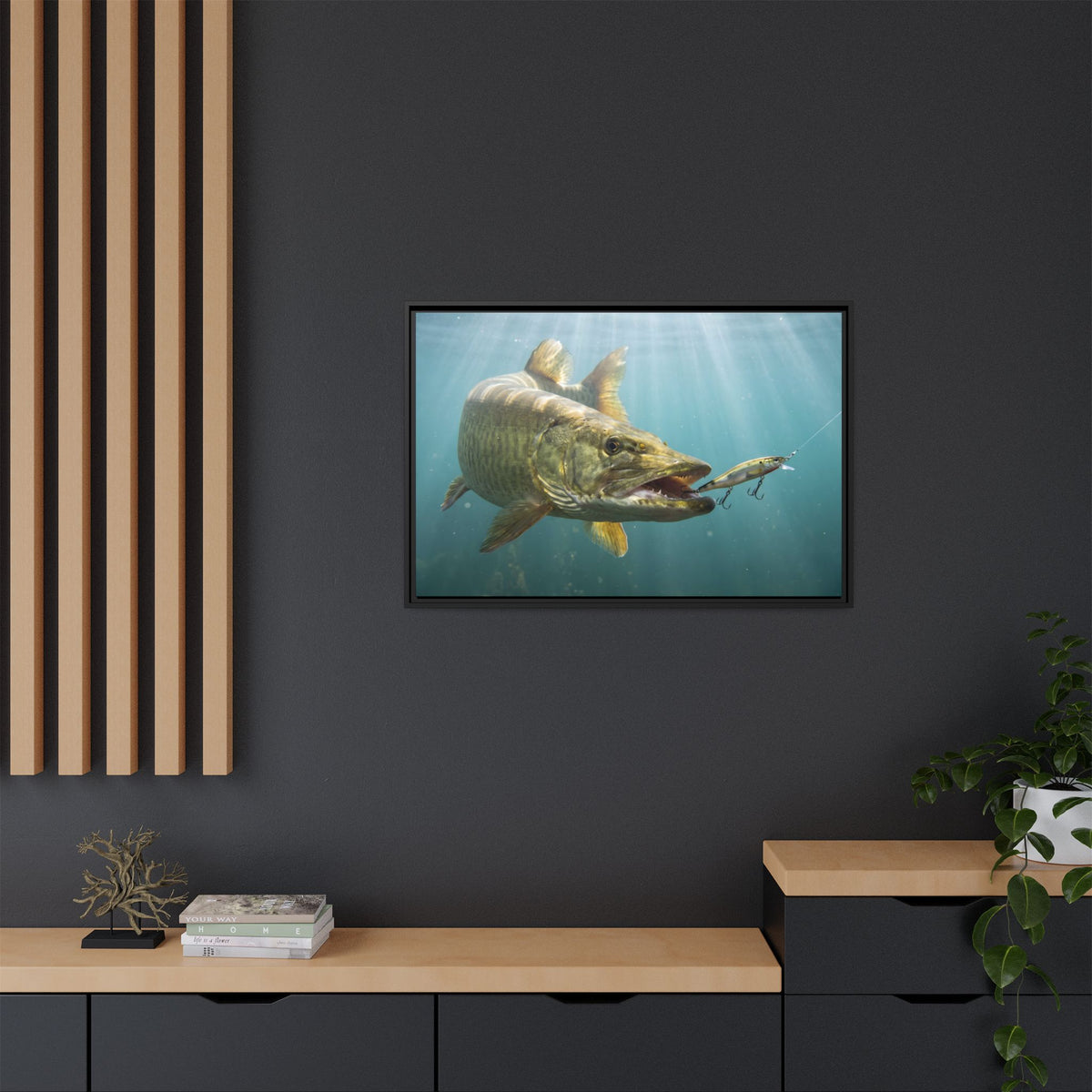 Chrome Jerkbait Strike Muskie framed canvas in a home office