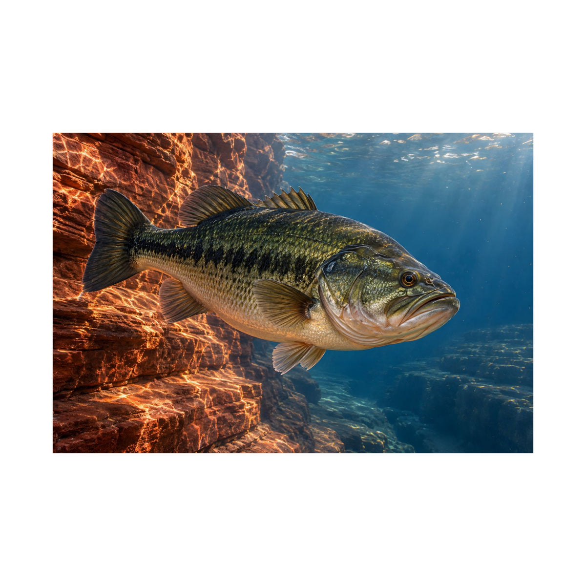 Rust-Red Canyon Glow Largemouth Bass fishing poster close-up