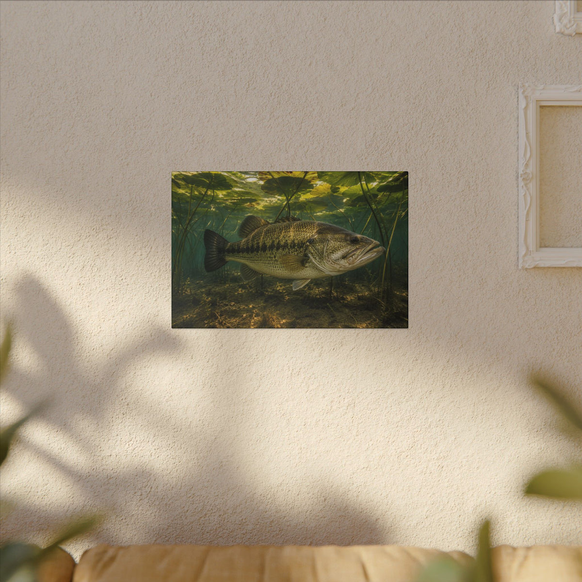 Lily Pad Shade Largemouth Bass canvas hanging in a living room