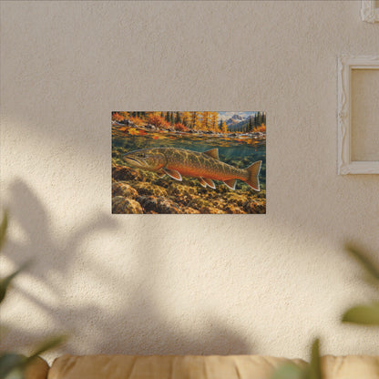 Autumn Char Bull Trout canvas hanging in a living room