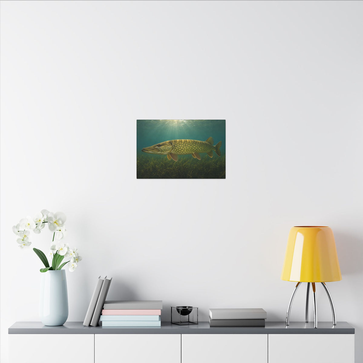 Over the Weed Bed Northern Pike canvas in a home office