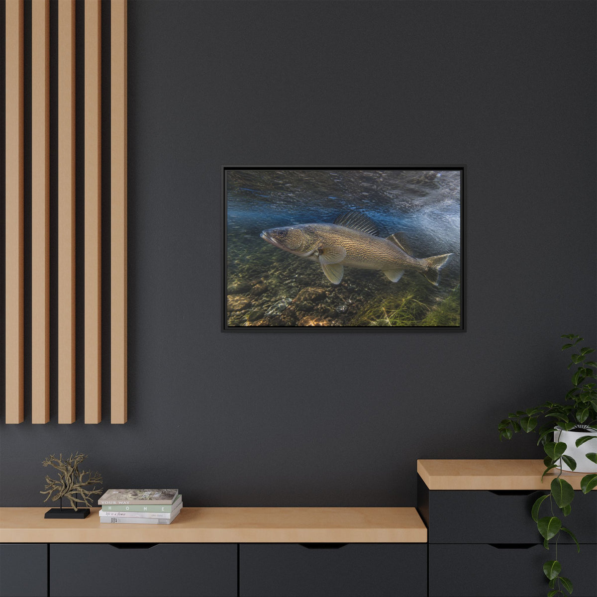 River Bend Walleye framed canvas in a home office