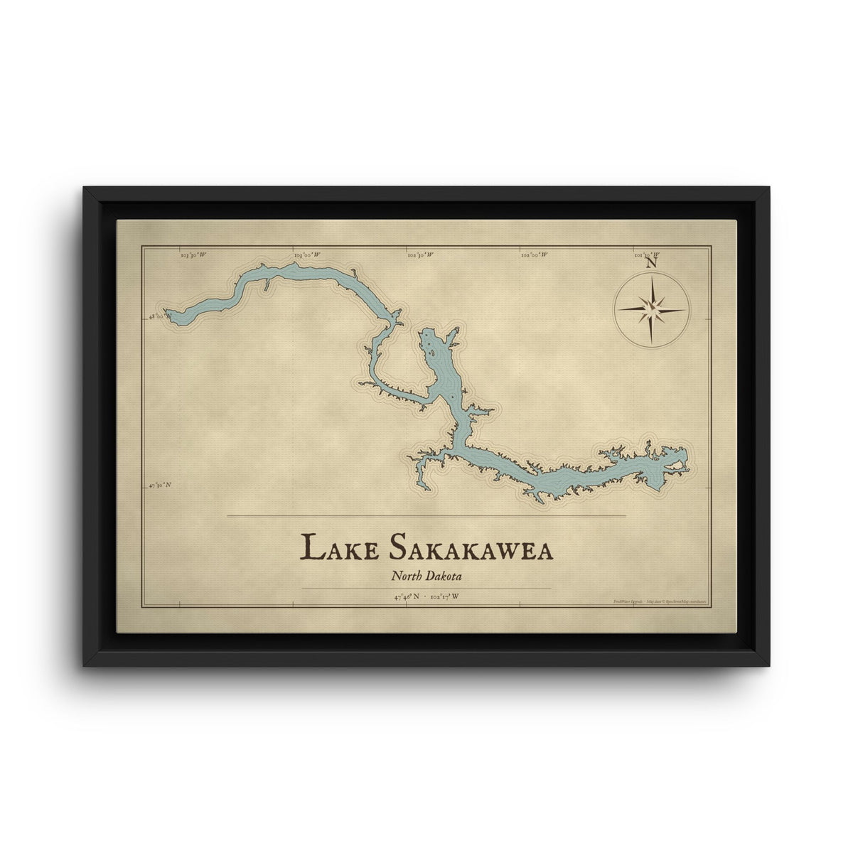 Lake Sakakawea Vintage Map framed canvas wall art