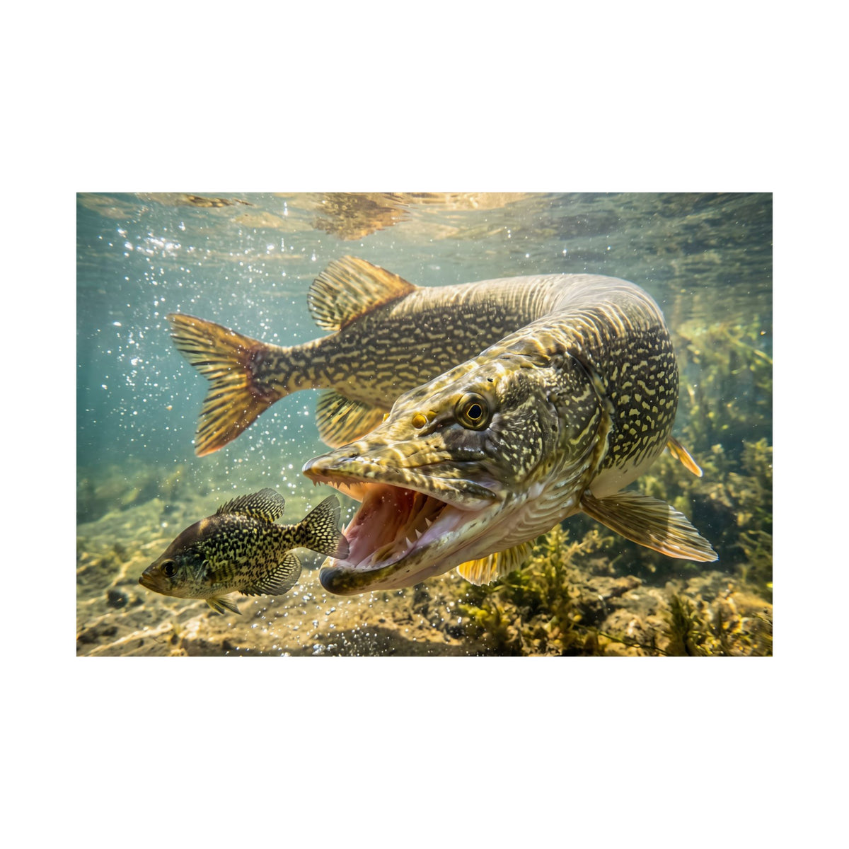 Northern Pike Crappie Chase Poster — Predator Wall Art for Anglers