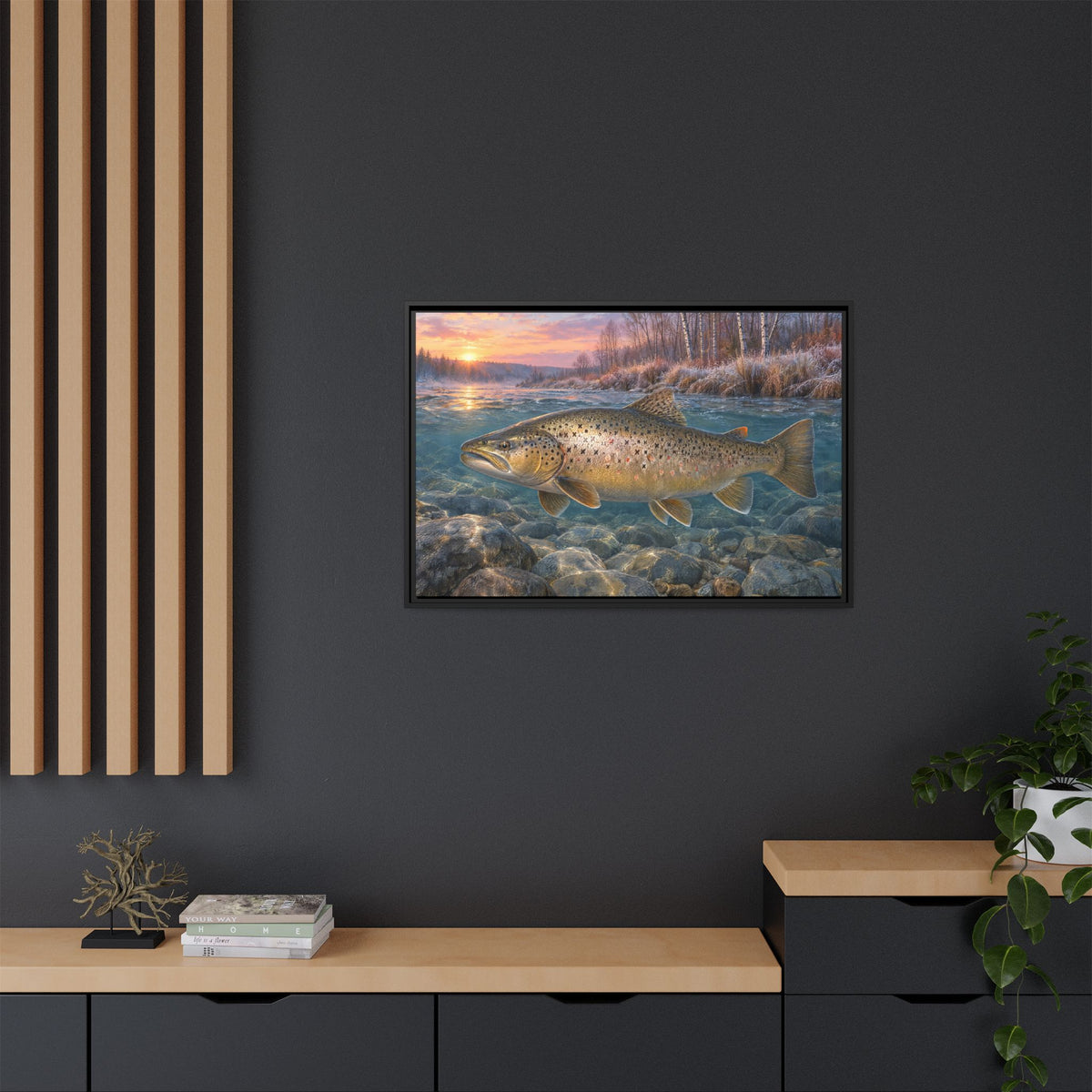 Lake-Run Giant Brown Trout framed canvas in a home office