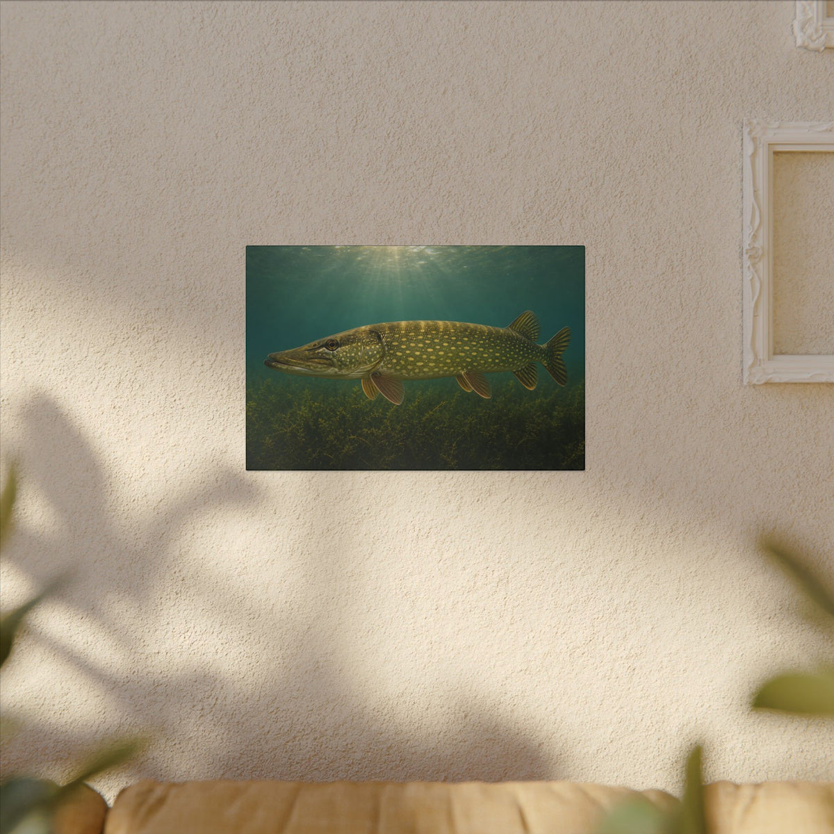Over the Weed Bed Northern Pike canvas hanging in a living room