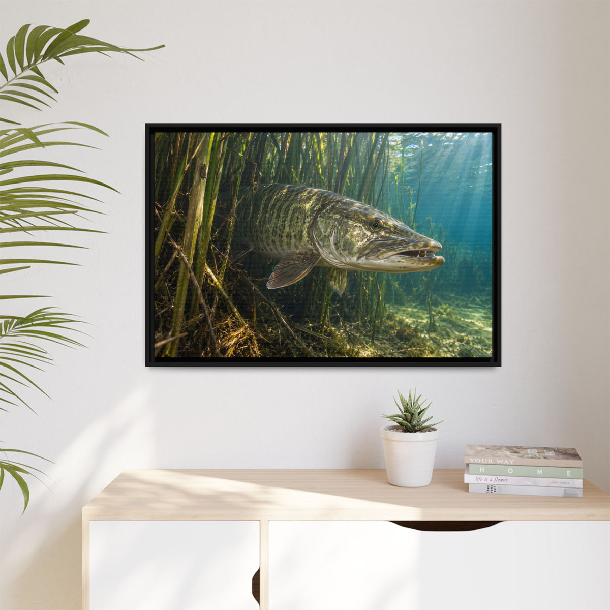 Reeds Mouth Open Muskie framed canvas hanging in a living room