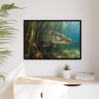 Reeds Mouth Open Muskie framed canvas hanging in a living room