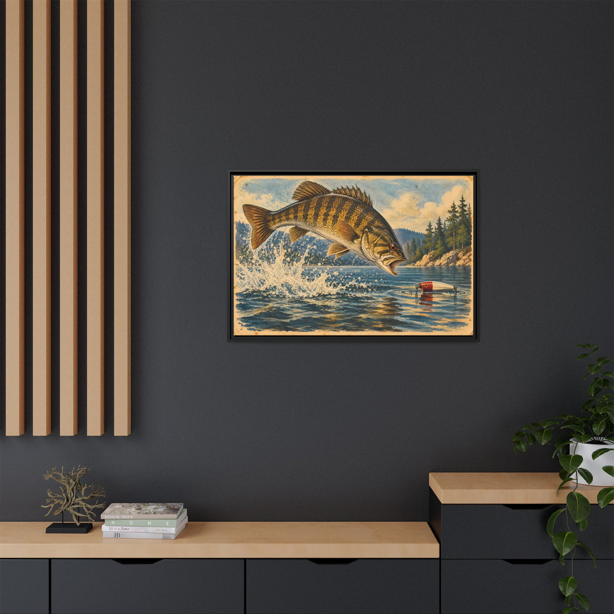 Antique Tackle Leaping Smallmouth Framed Canvas wall art, view 6
