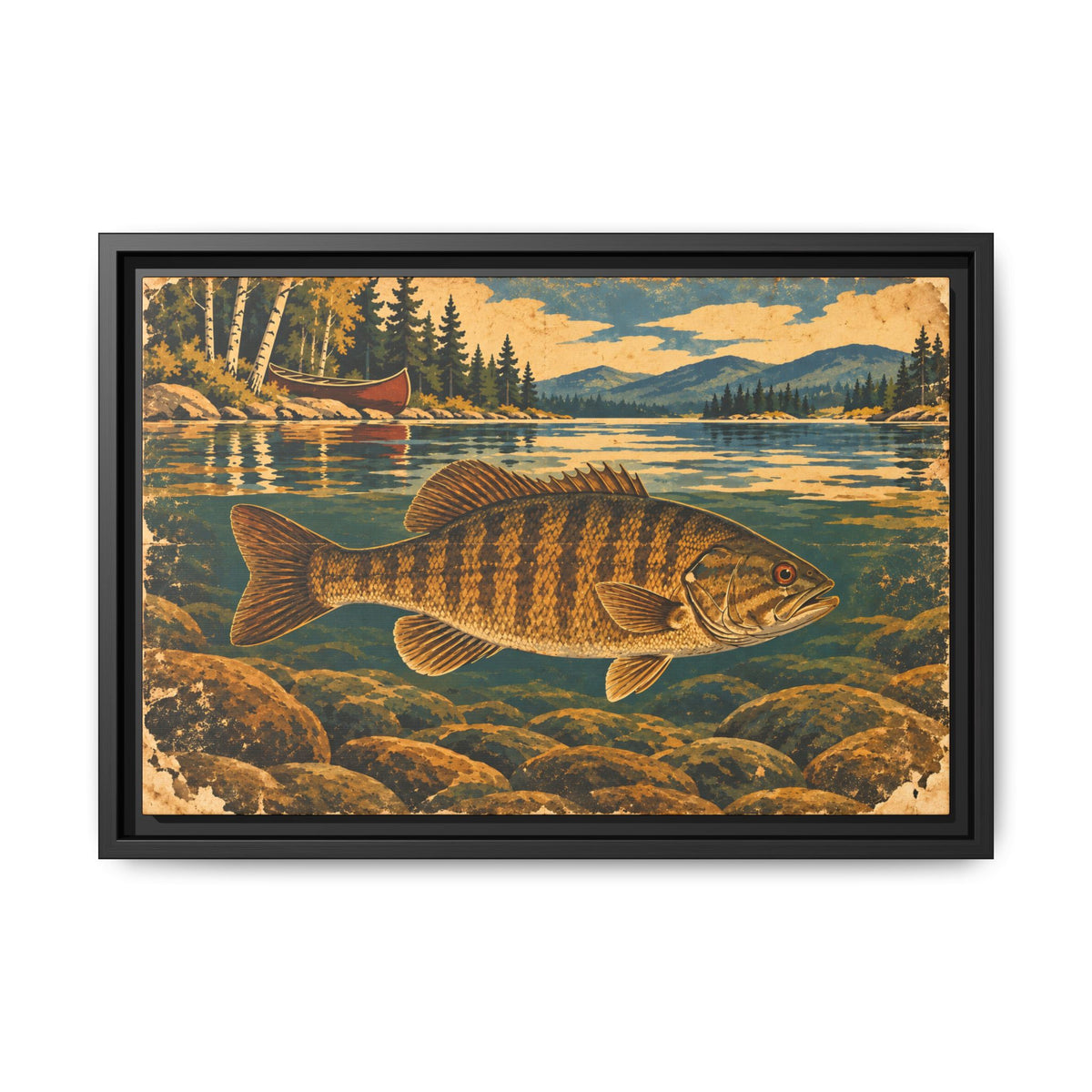Vintage Lodge River Smallmouth Framed Canvas wall art, view 2