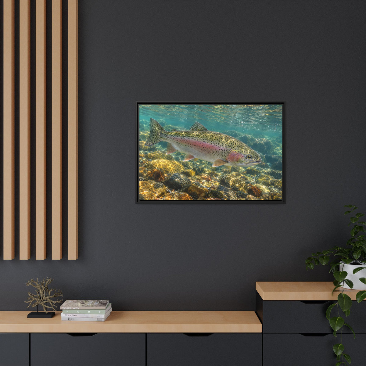Sunlit Gravel Run Rainbow Trout framed canvas wall art, view 6