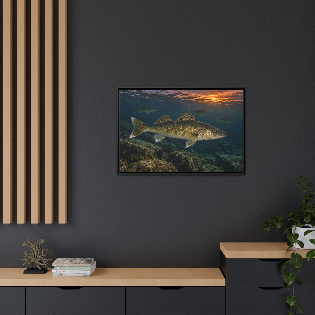 Reef Pack at Dusk Walleye framed canvas in a home office