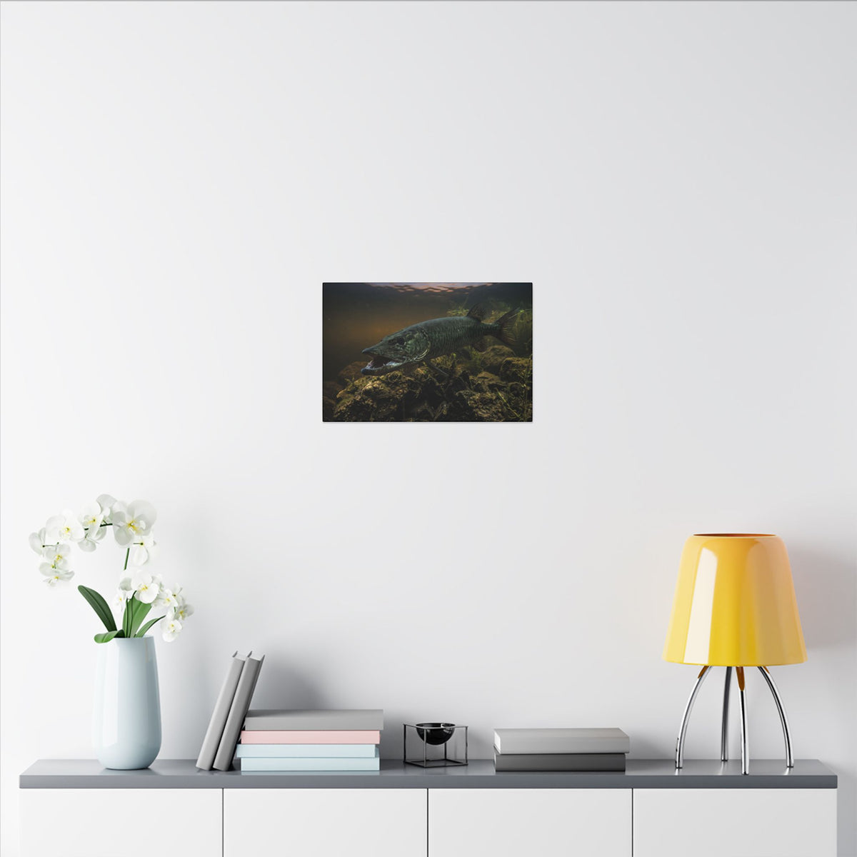 Mouth Open Dusk Sky Muskie canvas in a home office