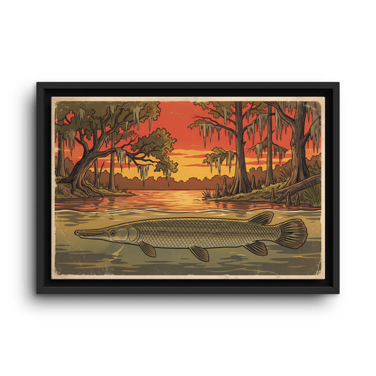 Alligator Gar Texas Sunset framed canvas wall art