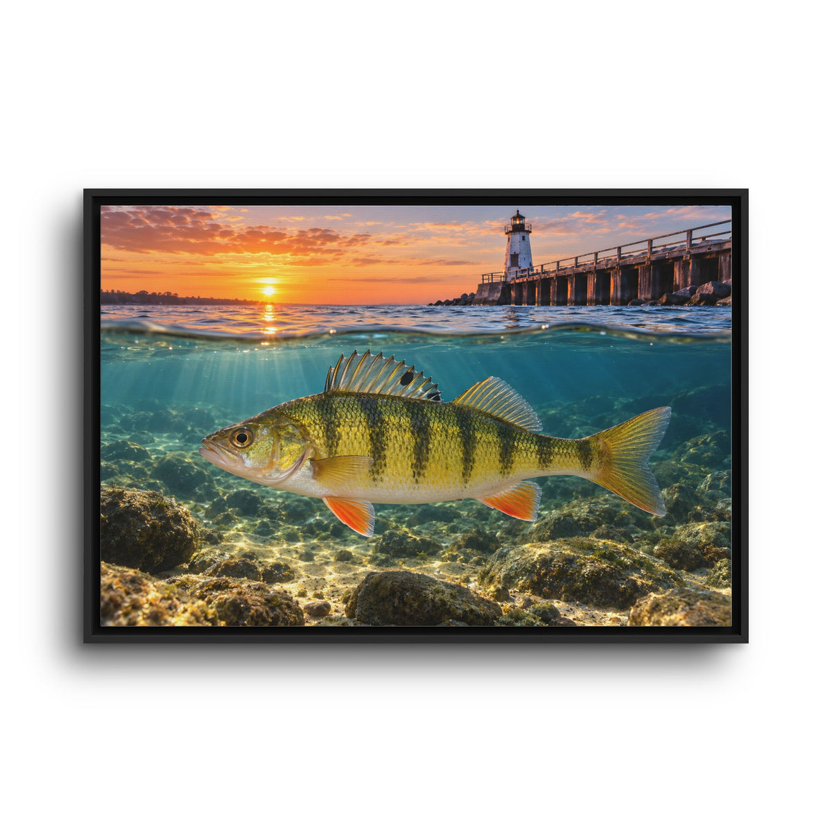 Lighthouse Sunrise Yellow Perch framed canvas wall art, view 3