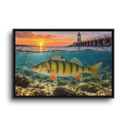 Lighthouse Sunrise Yellow Perch framed canvas wall art, view 3