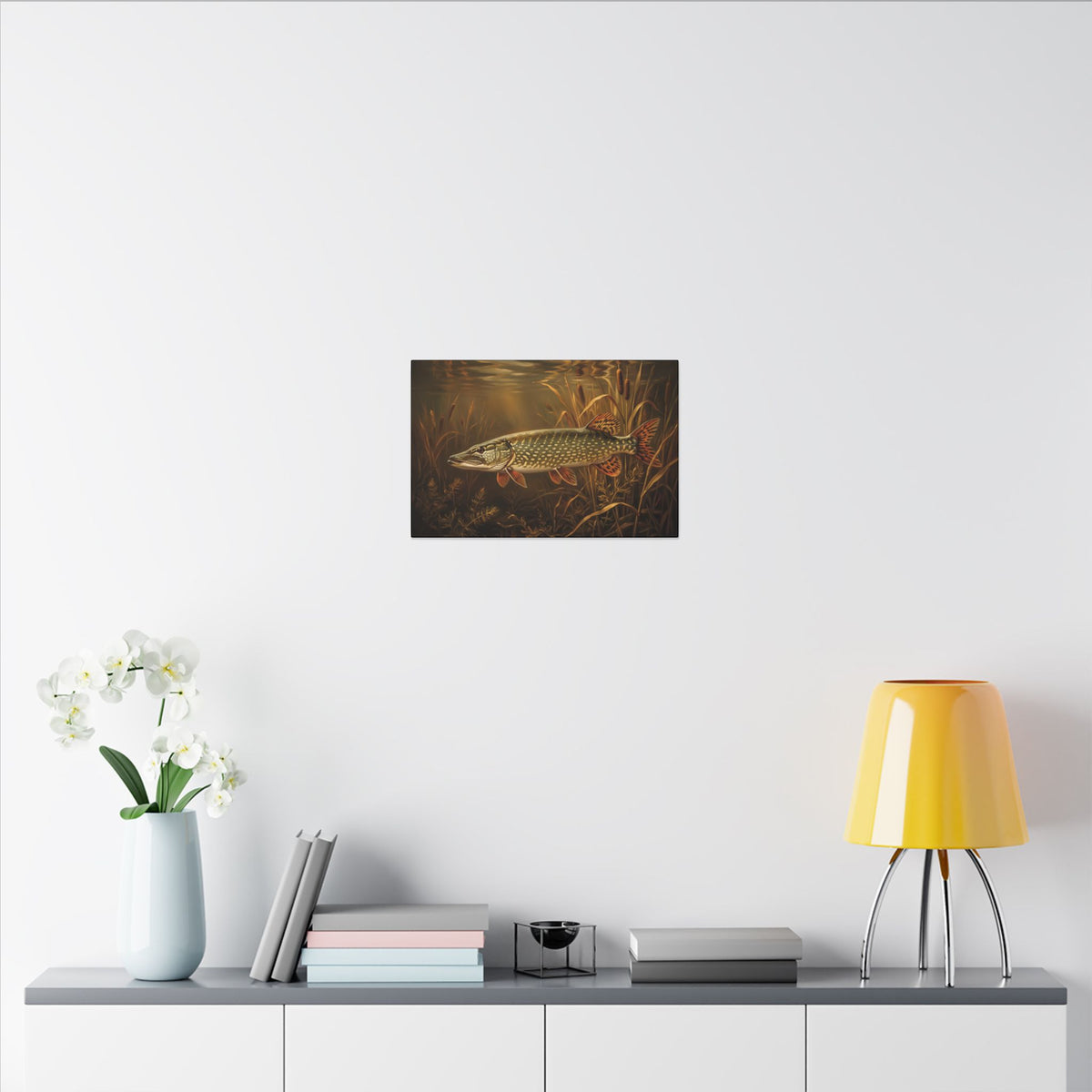 Old Masters Oil Northern Pike canvas in a home office