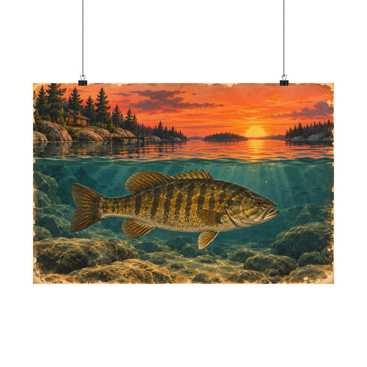 Vintage Sunset Lake Smallmouth Bass poster wall art