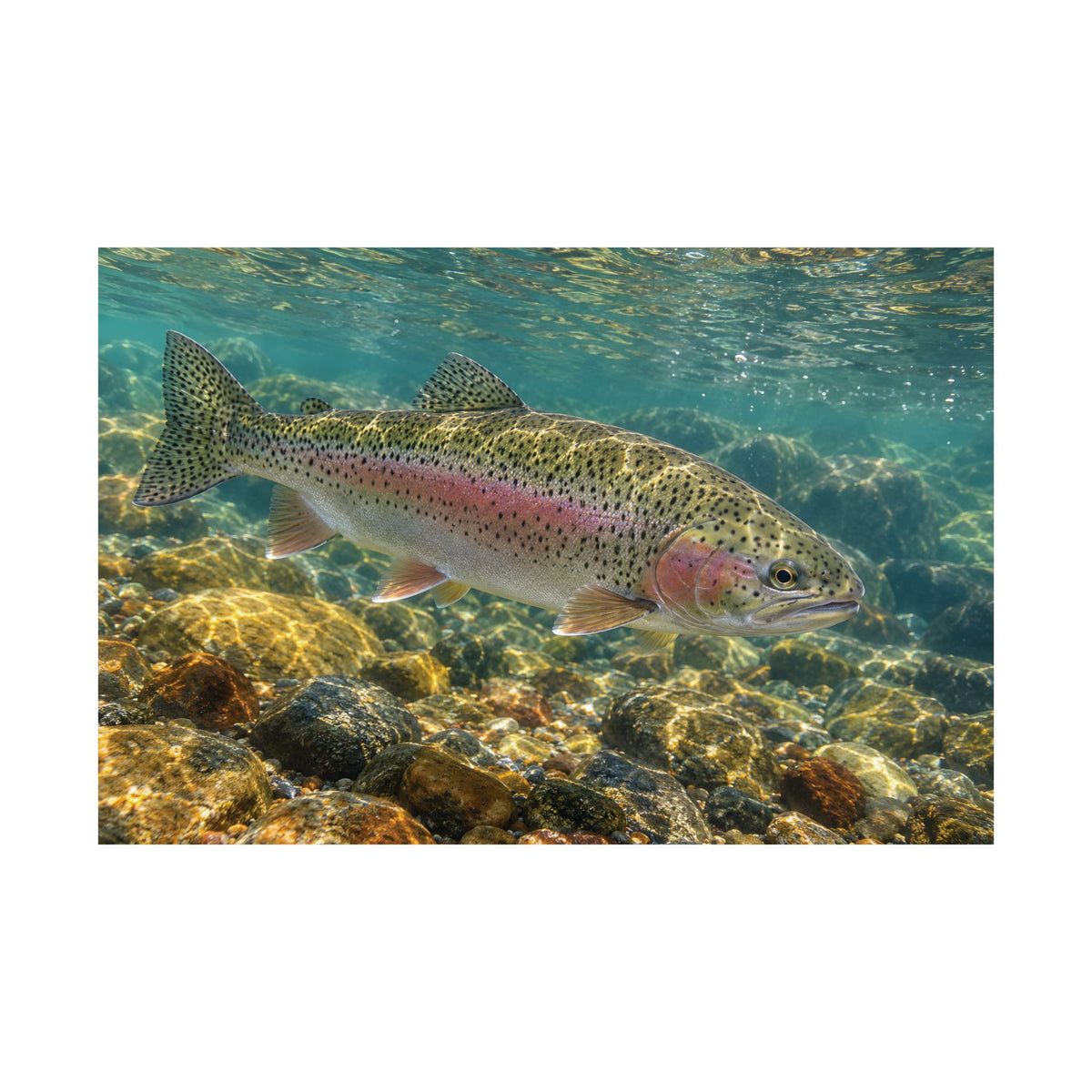 Sunlit Gravel Run Rainbow Trout poster wall art, view 4