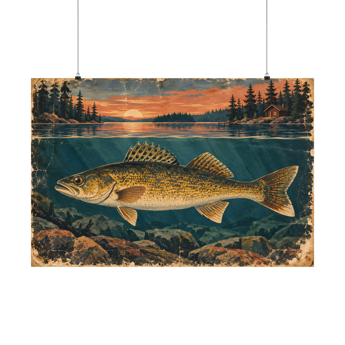 Vintage Lodge Poster Walleye poster wall art, 36x24 size view