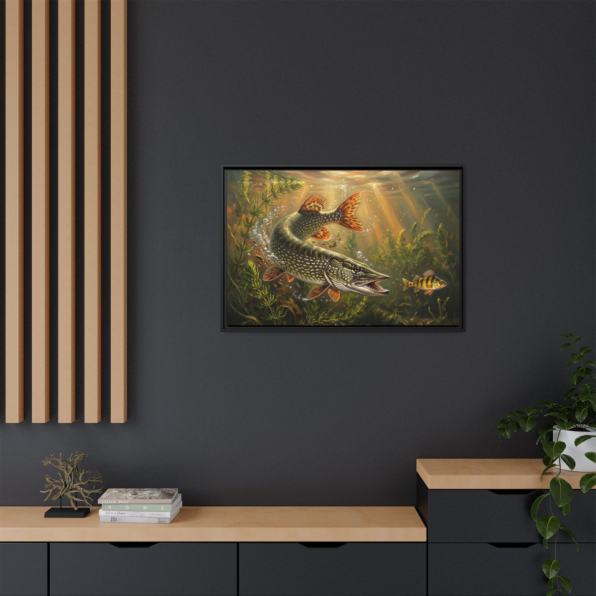 Perch Ambush Northern Pike framed canvas in a home office