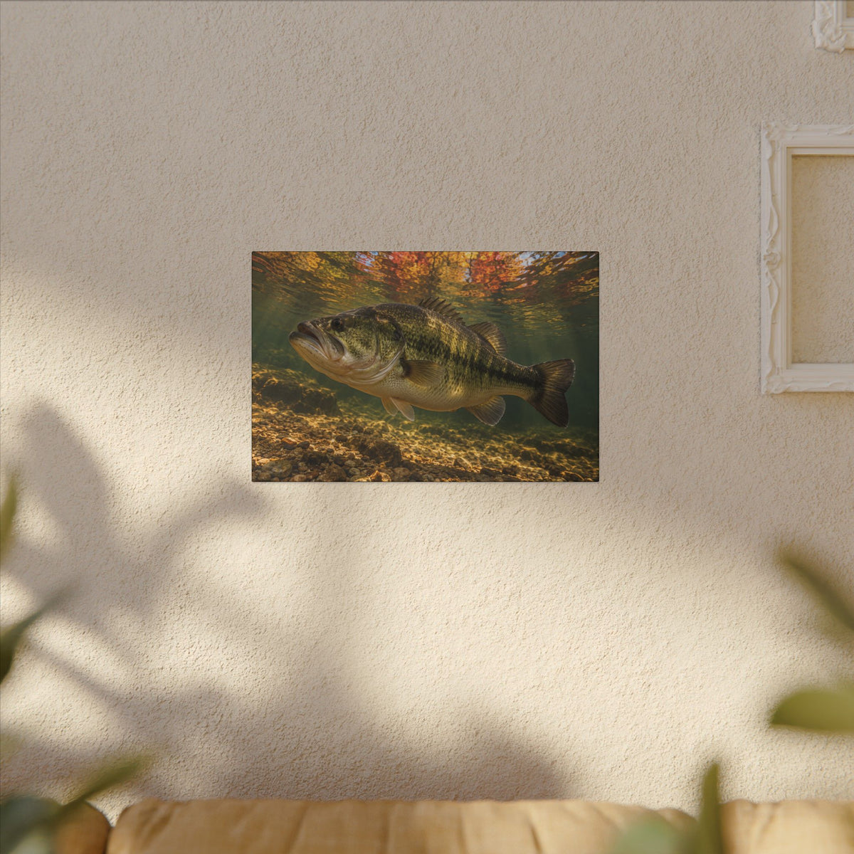 Golden Autumn Reflection Largemouth Bass canvas hanging in a living room