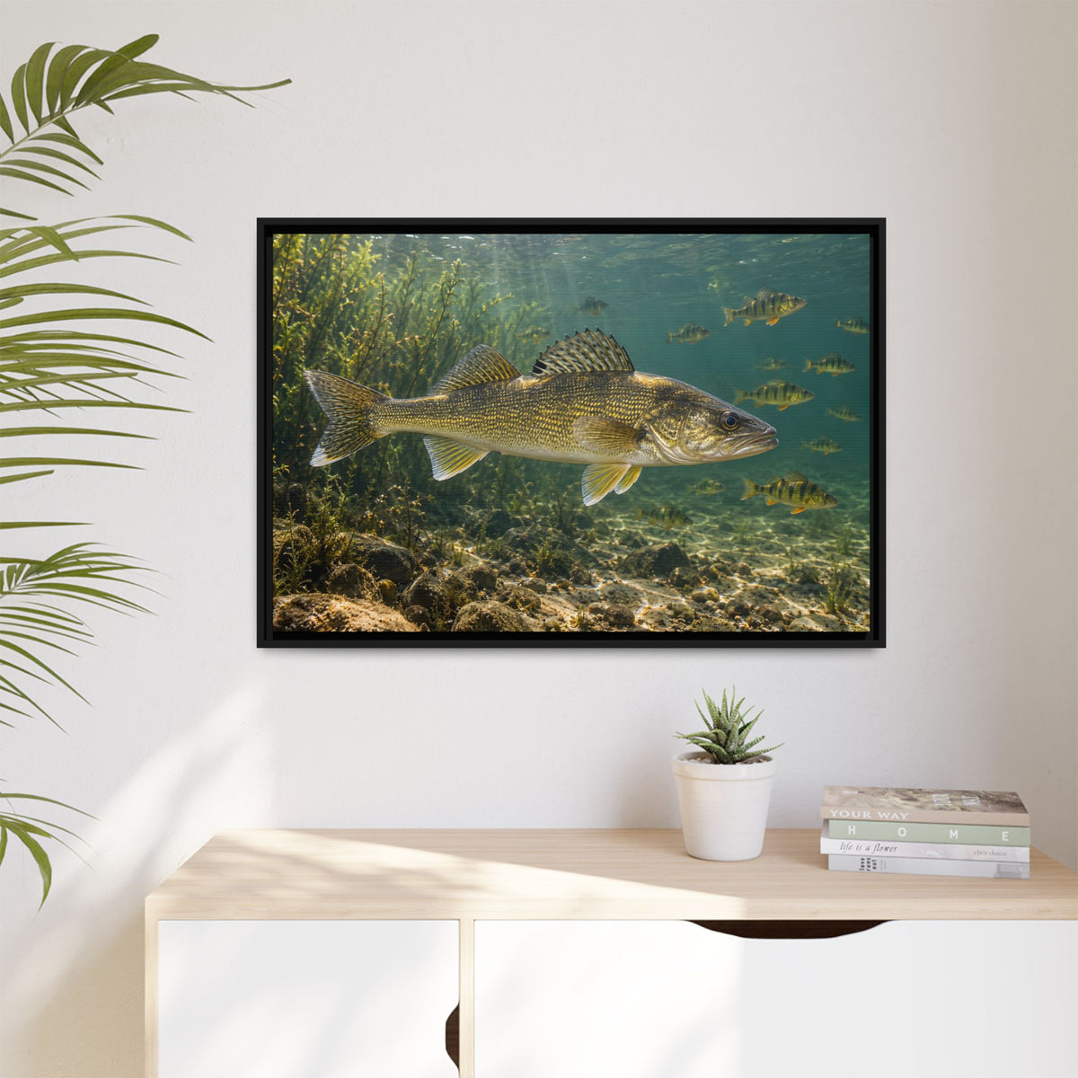 Perch School Ambush Walleye framed canvas hanging in a living room
