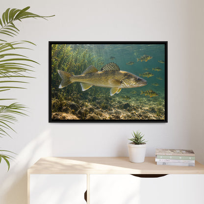 Perch School Ambush Walleye framed canvas hanging in a living room