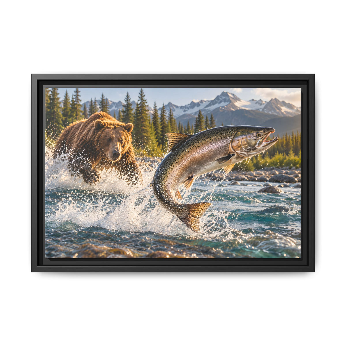 Grizzly Bear and Leaping Salmon framed canvas wall art, view 2