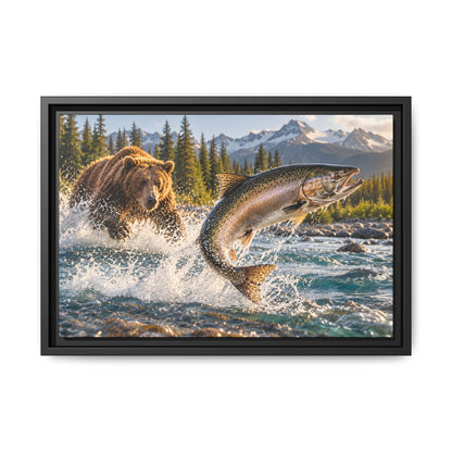 Grizzly Bear and Leaping Salmon framed canvas wall art, view 2