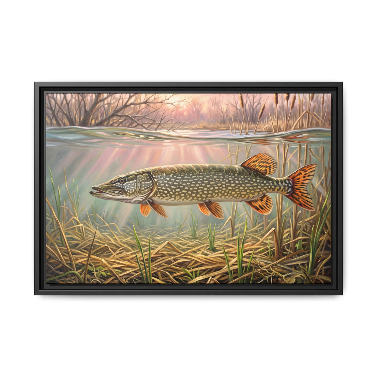 Flooded Marsh Northern Pike framed canvas, 36x24 size view