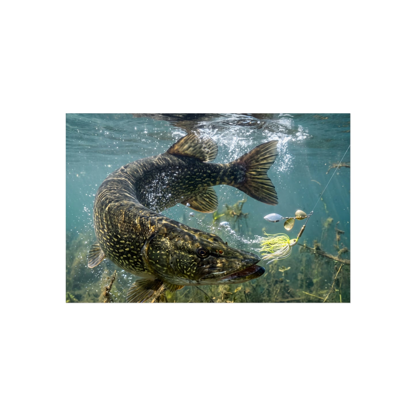 Northern Pike Turning Strike Fine Art Print — Museum-Quality Giclée for Anglers