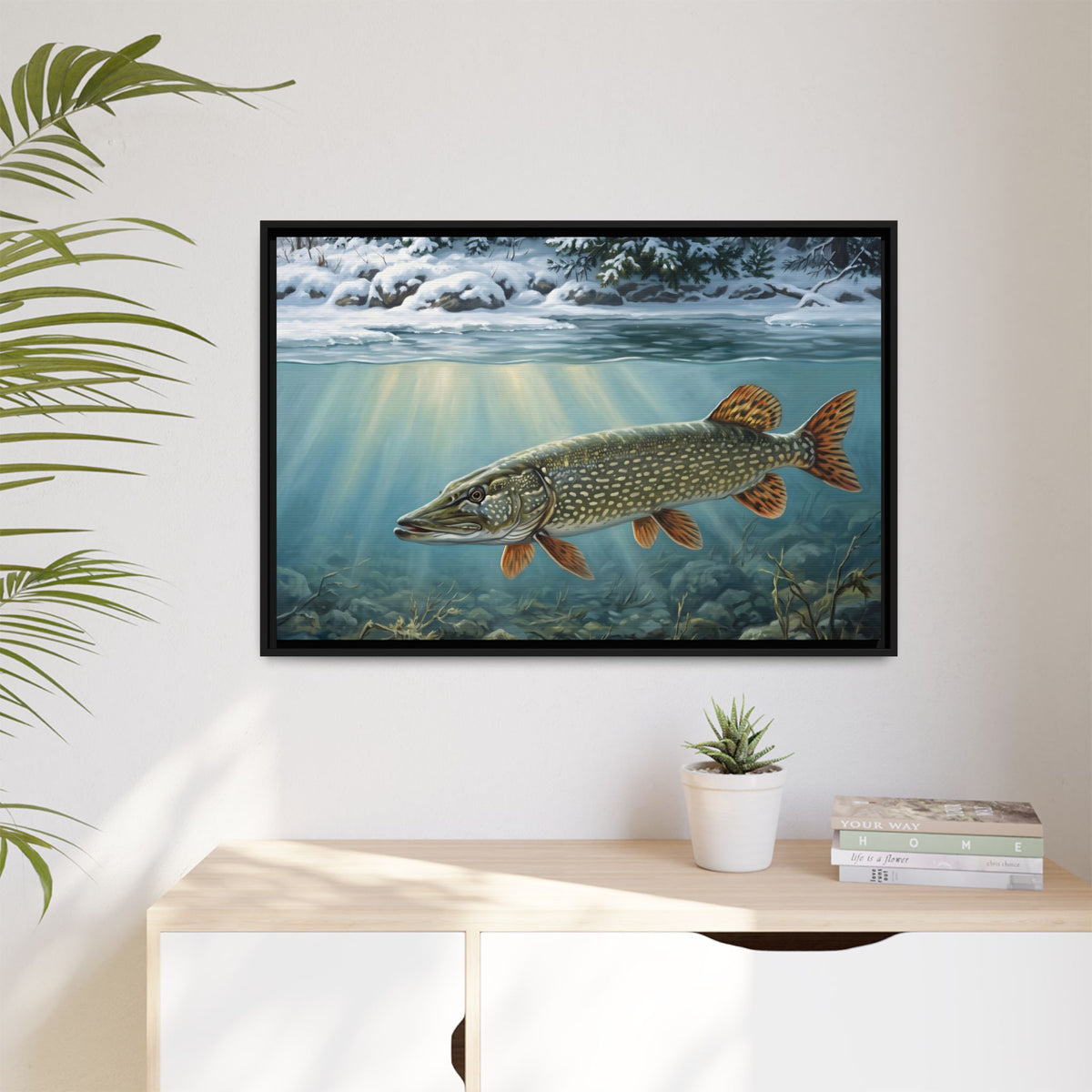 First Snow Northern Pike framed canvas hanging in a living room