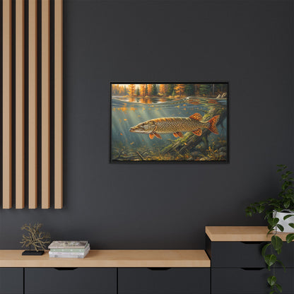Tamarack Gold Northern Pike framed canvas in a home office
