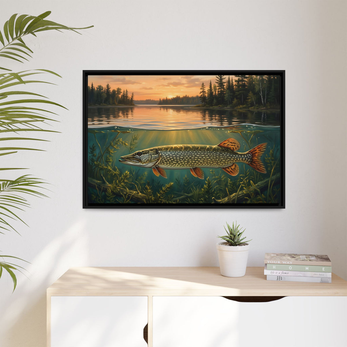 Northwoods Over-Under Northern Pike framed canvas hanging in a living room