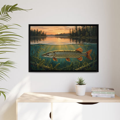 Northwoods Over-Under Northern Pike framed canvas hanging in a living room