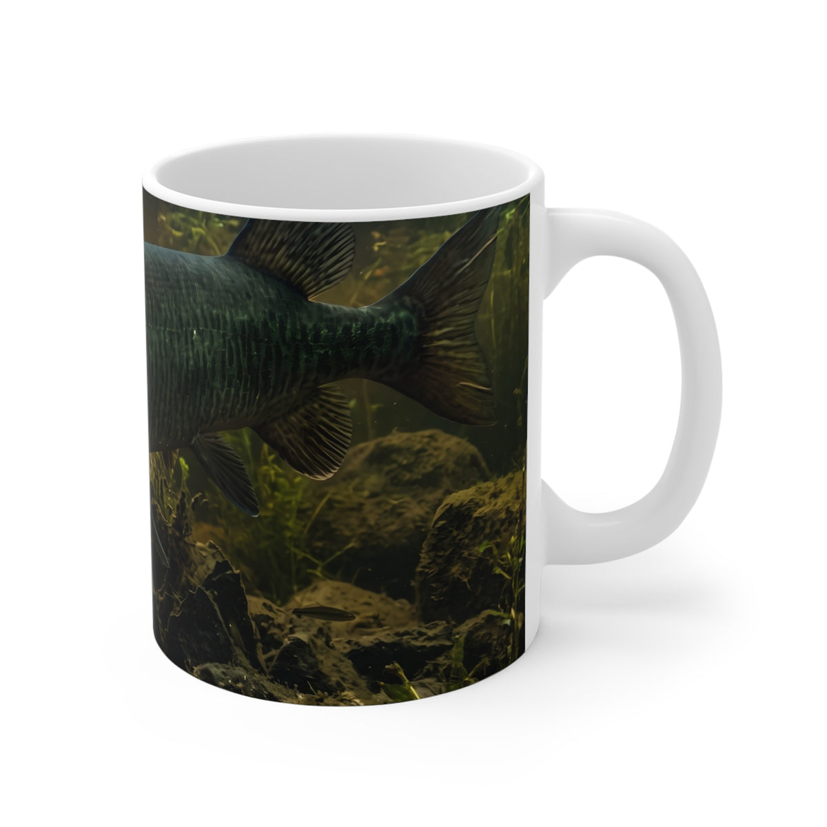 Mouth Open Dusk Sky Muskie coffee mug, handle on the right