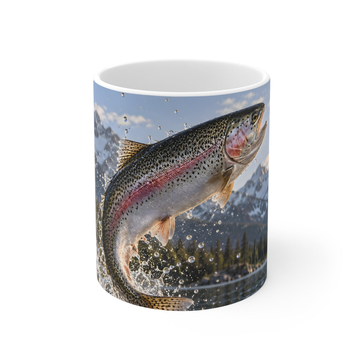 Alpine Thunder Rainbow Trout full-wrap coffee mug, front view