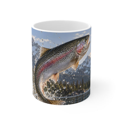 Alpine Thunder Rainbow Trout full-wrap coffee mug, front view