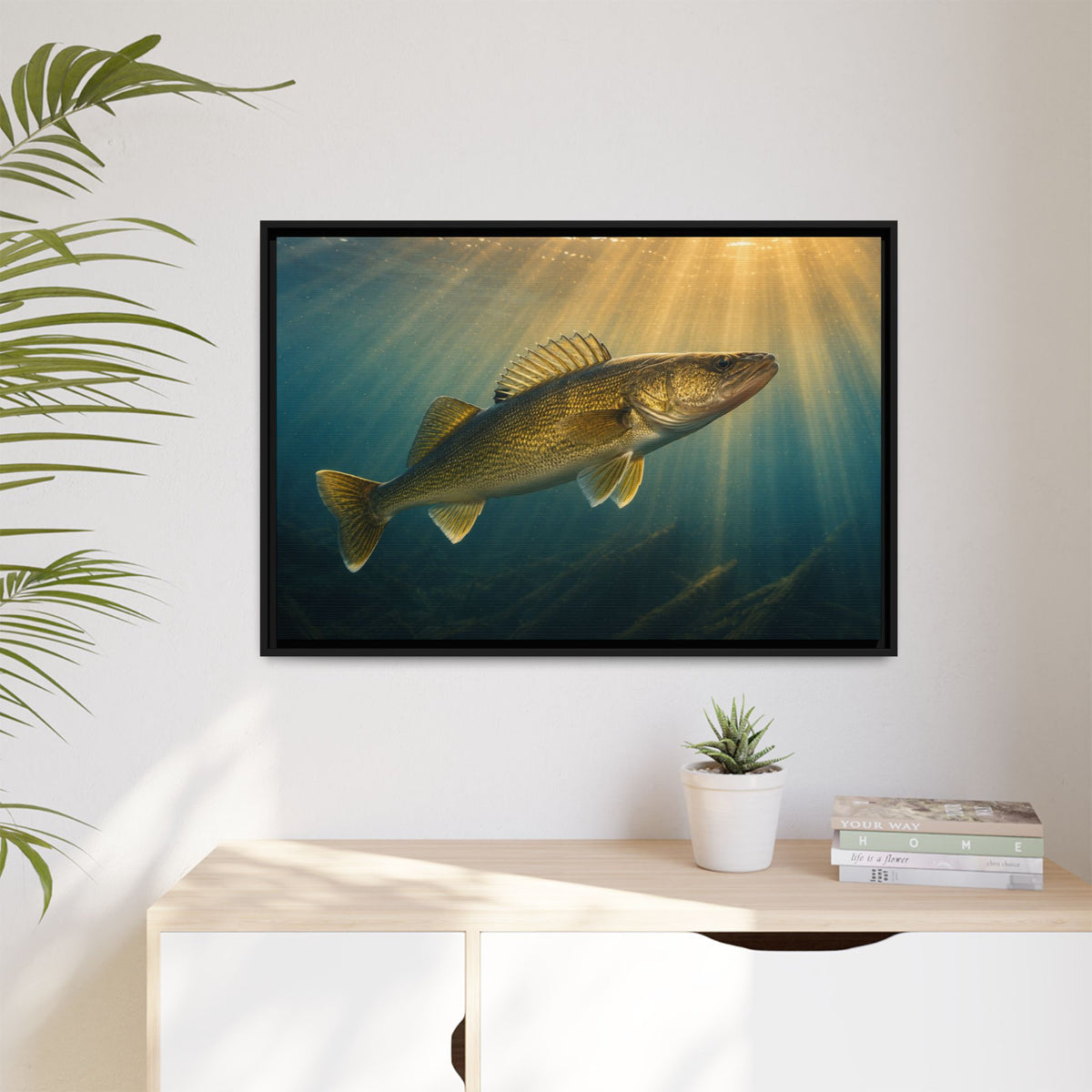 Backlit Sunbeam Cruise Walleye framed canvas hanging in a living room
