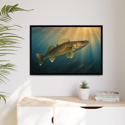 Backlit Sunbeam Cruise Walleye framed canvas hanging in a living room