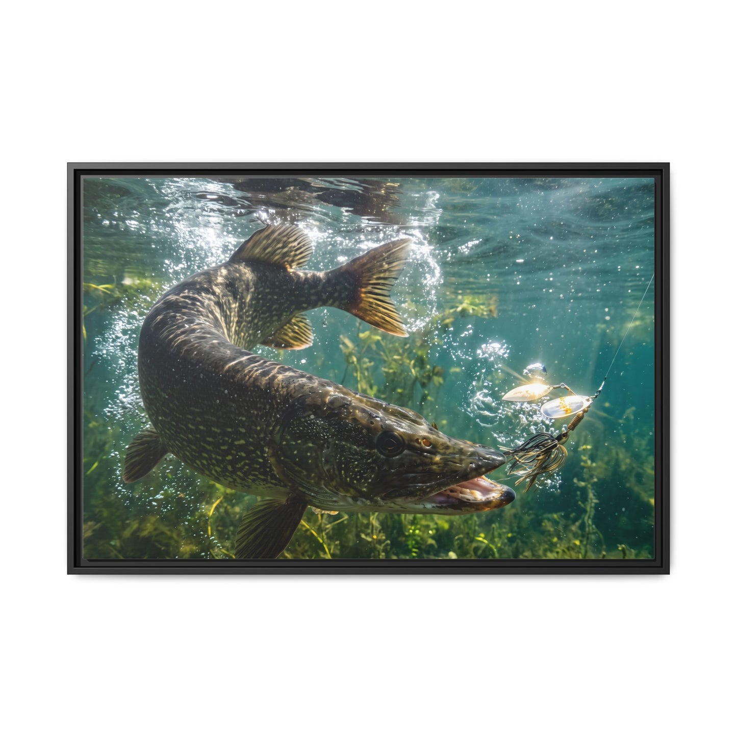 Northern Pike Spinnerbait Strike Framed Canvas — Ready-to-Hang Wall Art for Anglers