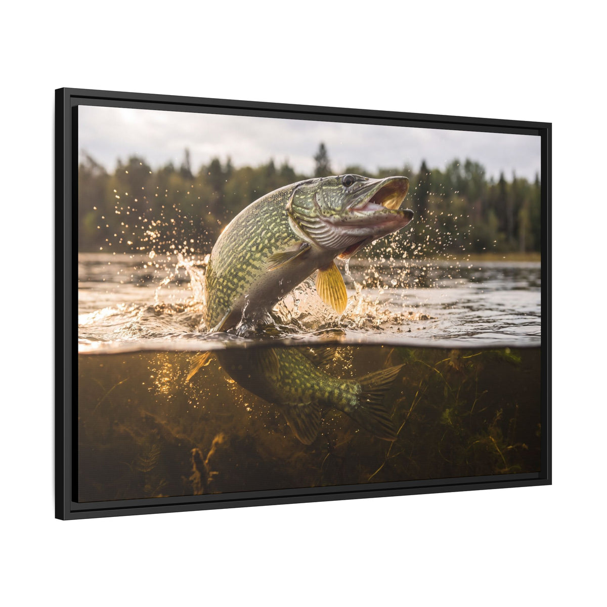 Boatside Battle Northern Pike framed canvas side angle